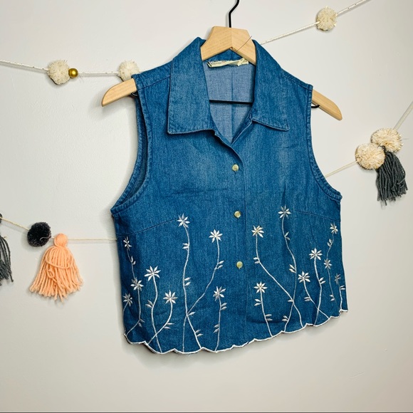 VINTAGE y2k embroidered floral denim crop top tank - Picture 7 of 7